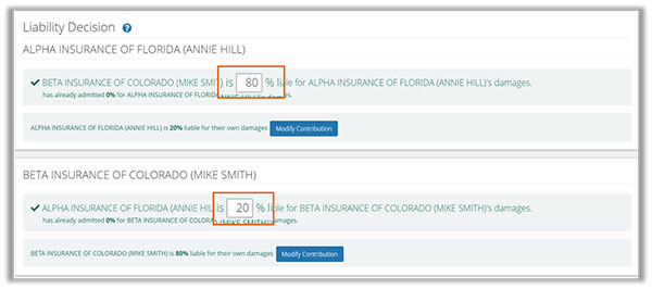 Screenshot of 80/20 liability assignment