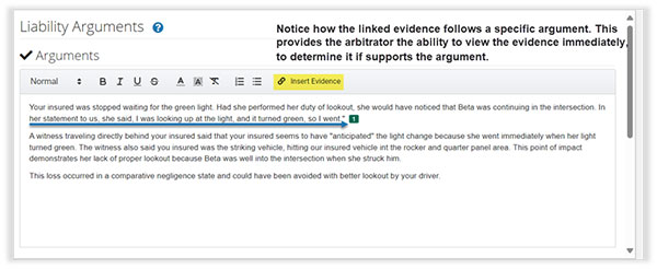 Screenshot of Liability Argument screen with insert evidence highlighted