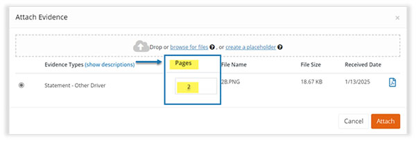 Screenshot of the Attach Evidence screen with Pages highlighted